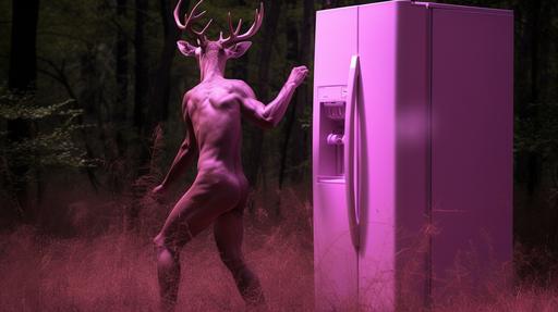 pink safari man hunting wild pink refrigerator deer in the forest, hunting photos, big game refrigerator hunter --ar 16:9