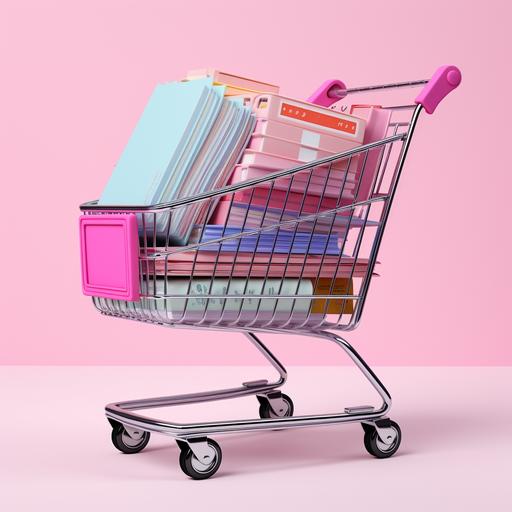 pink shopping cart with wire-o notebooks inside