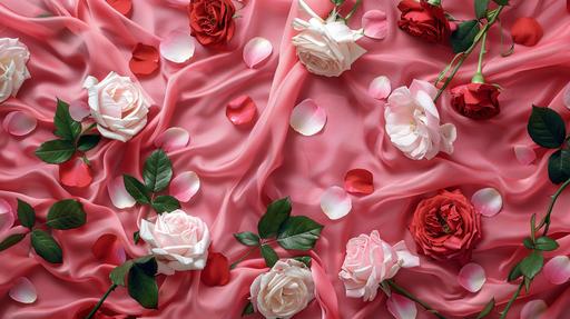pink silk with red and white roses and rose petals, top shot --ar 16:9
