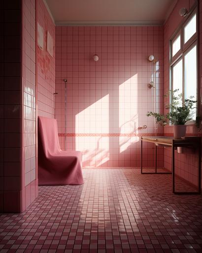 pink tile wall in a vacant room with mid-centry style flooring --ar 4:5 --v 5