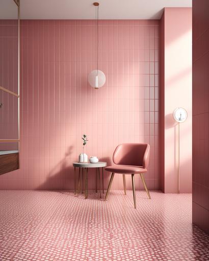 pink tile wall in a vacant room with mid-centry style flooring --ar 4:5 --v 5