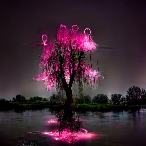 pink transparent pink, hanging willow tree with small little fairies flying around by river dark glowing night with light reflections in water with chakras and spirits