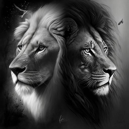pintura preto e branco leão e leoa juntos