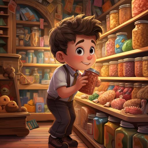 pip the candy connoisseur eating candy in his candy store. cute, child friendly, cartoon