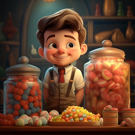 pip the candy salesman with a barrel full of candy. cute, child friendly, cartoon