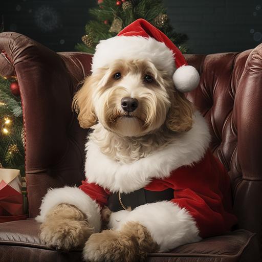 a hyper realistic photo of a golden doodle dog wearing an elf hat sitting on Santa Clause's Lap