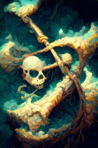 pirate anchor::2, skeleton pirate, waterlogged, seaweed, melancholy dream pirate, evil bones, candles for stealing dreams from your sleeping mind, offerings of piles of gold coins and ruby and sapphire and emerald, flame lamp, dripping dream cloud waves, night space, galactic thieves, big bang, slumberland, Salvador Dali meets van gogh, intricate, detailed, cinematic lighting, David Caspar Friedrich, --ar 2:3