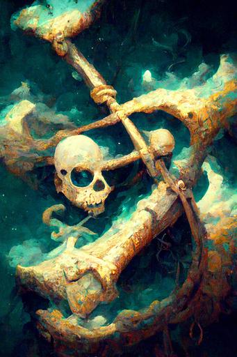 pirate anchor::2, skeleton pirate, waterlogged, seaweed, melancholy dream pirate, evil bones, candles for stealing dreams from your sleeping mind, offerings of piles of gold coins and ruby and sapphire and emerald, flame lamp, dripping dream cloud waves, night space, galactic thieves, big bang, slumberland, Salvador Dali meets van gogh, intricate, detailed, cinematic lighting, David Caspar Friedrich, --ar 2:3