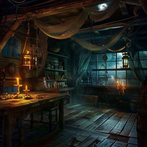 pirate captains quarters, hook, candle light on left, moonlight coming from windows on the right. pirates of the caribbean theme, old wooden ship, fishing nets hanging from walls, gold treasure spread about the cabin. Create using: digital camera, high resolution, moonlight with candles, HD, high quality --v 6.0