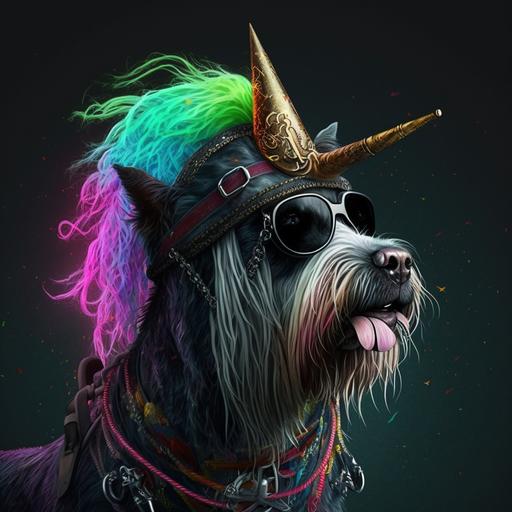 pirate dog with eye patch with neon dreads riding a unicorn