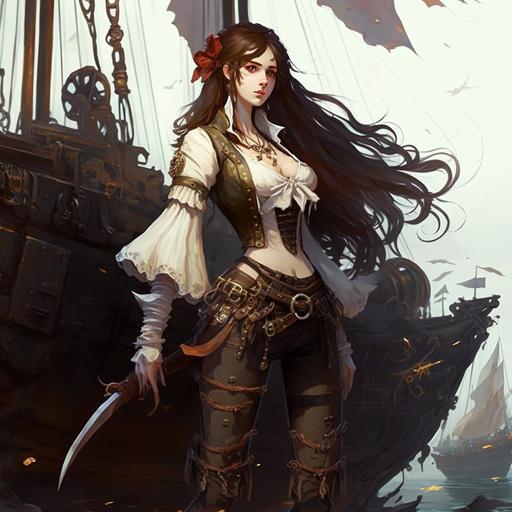 pirate female,full body ,Beautiful face, long brown hair, high heel boots， white translucent top, waist knife, on a pirate ship, navel,--ar 2:3
