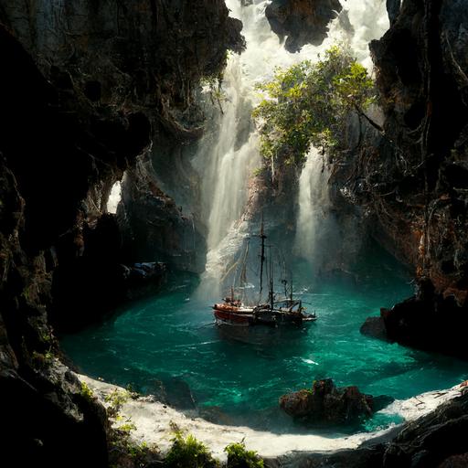 pirate island, large cove and cave behind a waterfall, caribbean, crystal cear water, medieval, epic, dramatic light, fantasy, detailed, concept art, realistic, 4k