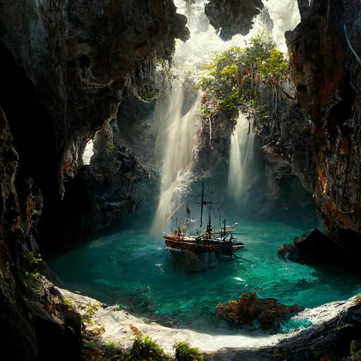 pirate island, large cove and cave behind a waterfall, caribbean, crystal cear water, medieval, epic, dramatic light, fantasy, detailed, concept art, realistic, 4k