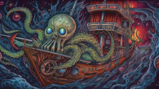 pirate ship, floating in a galaxy, catches a massive evil space squid with bright red eyes, cannons firing towards the space squid. insane detail, colored pencil, cosmic art, intricate detail, full HD. --ar 16:9 --uplight --v 5