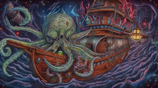 pirate ship, floating in a galaxy, catches a massive evil space squid with bright red eyes, cannons firing towards the space squid. insane detail, colored pencil, cosmic art, intricate detail, full HD. --ar 16:9 --uplight --v 5
