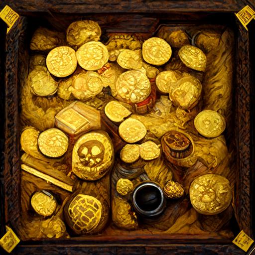 pirate treasure chest filled with gold coins, top down perspective, board game, roleplay, monochrome black background, --ar 1:1