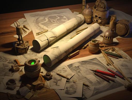 pirates table full of drawings, scrolls, pixar cartoon, Pixar style --ar 4:3