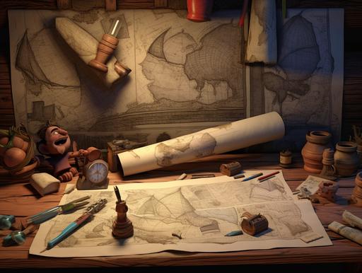 pirates table full of schemes, scrolls, pixar cartoon screen, (((Pixar style))) --ar 4:3