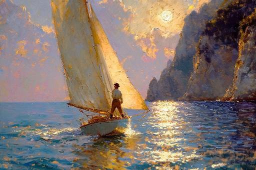 pissaro style art . Clear water. oil painting of man in a sailing boat full of bright good luck at sea in a sunny day, impressionism, textured paint on canvas --ar 3:2 --stylize 750 --v 6.0