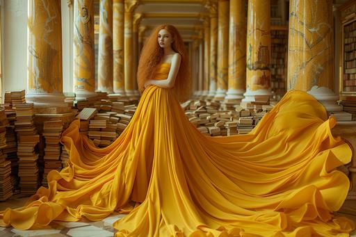 40 year old woman with long beautiful red hair, wearing long draping yellow fantasy gown with numerous folds and fronds, ancient Arabian library interior, yellow marble columns, piles and piles of books and scrolls, --s 200 --ar 3:2 --v 6.0