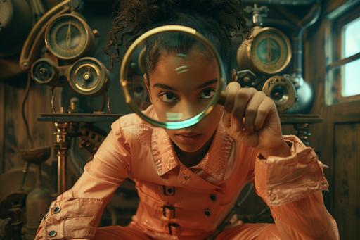 finnish mid-century cinema, brown-skinned teen girl in peach-colored steampunk rubber jumpsuit, she looks through a magnifying glass, steampunk wood paneled room with peach-colored apholstery, surrounded by quirky bizzare brass steampunk instruments with peachy jewel and crystal components, quirky detective fantasy, --s 200 --v 6.0 --ar 3:2 --chaos 10