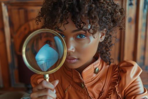 retrofuturist mid-century cinema, brown-skinned teen girl in peach-colored steampunk rubber jumpsuit, she looks through a magnifying glass, steampunk wood paneled room with peach-colored apholstery, quirky detective fantasy, --s 200 --v 6.0 --ar 3:2