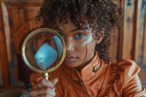 retrofuturist mid-century cinema, brown-skinned teen girl in peach-colored steampunk rubber jumpsuit, she looks through a magnifying glass, steampunk wood paneled room with peach-colored apholstery, quirky detective fantasy, --ar 3:2 --s 200 --v 6.0