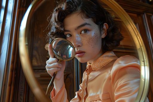 retrofuturist mid-century cinema, brown-skinned teen girl in peach-colored steampunk rubber jumpsuit, she looks through a magnifying glass, steampunk wood paneled room with peach-colored apholstery, quirky detective fantasy, --ar 3:2 --s 200 --v 6.0