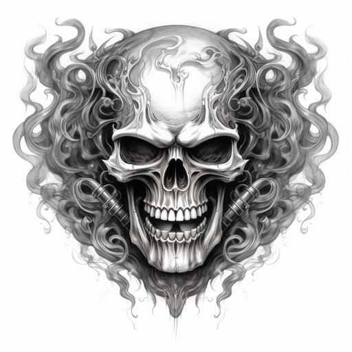 piston skull flames tattoo design blach and white