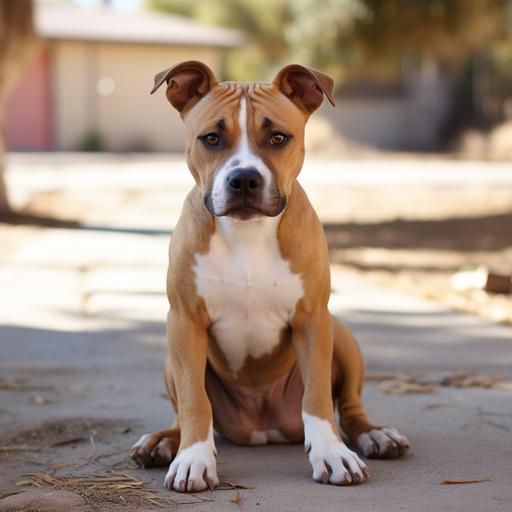 pitbull boxer mix beige, style for a cozy mystery cover, thin white line up snout, one white sock to middle of leg, one to ankle, white chest. Boxer body but thicker like a pitbull. Sad eyes with light gray hairs around them, taller, thinner , taller legs like boxer but thicker muscles of pit bull
