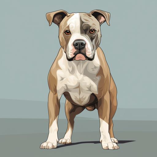 pitbull boxer mix beige, vector style, thing white line up snout, one white sock to middle of leg, one to ankle, white chest. Boxer body but thicker like a pitbull. Sad eyes with light gray hairs around them, taller, thinner legs like boxer but thicker muscles of pit bull