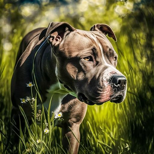 pitbull mix brindle walking around in a park sniffing grass