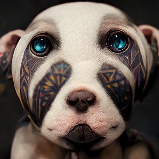 pitbull sweet tender large eyes, brown and white patches, heart tattoo, render, 8k, pentax dslr