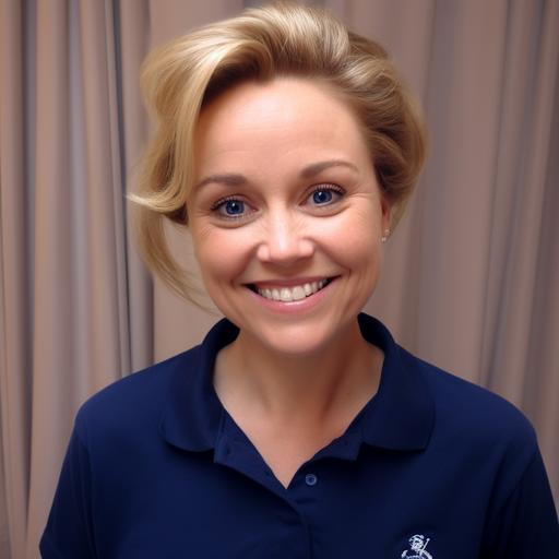 pixar 3D style, dark blonde English women, around her 70s, very large forehead and slightly oval face shape, round blue eyes, friendly smiling with front teeth visible, small dimple on her left cheek. hair tied but some waves dropping to face, no hair parting. wearing a navy blue polo tshirt. head very slightly tilted to her left, her left ear is visible. portrait --v 5.2