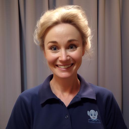pixar 3D style, dark blonde English women, in her 70s, large forehead and slightly v-shape eyebrows, round blue eyes, smiling with front teeth visible, small dimple on her left cheek, slightly long nose. hair neatly tied but some waves dropping to face, no hair parting. wearing a navy blue polo tshirt. head very slightly tilted to her left, her left ear is visible. portrait --v 5.2
