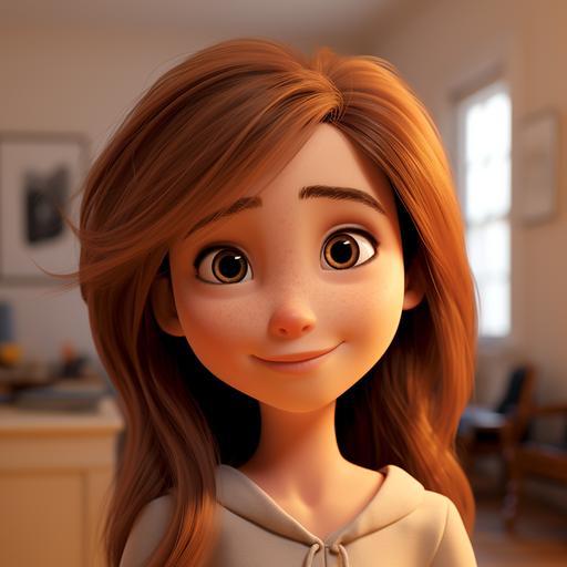 pixar 3d photo. mom, straight brown hair, hazel eyes, white skin