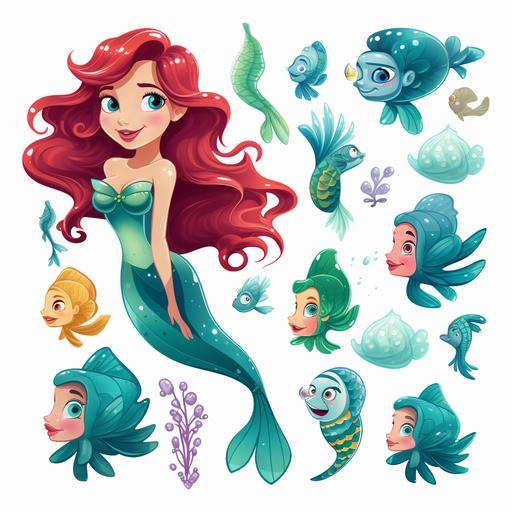 pixar Cartoon style mermaid cliparts , for making invites, sticker sheet ar69:62 --v 5.2