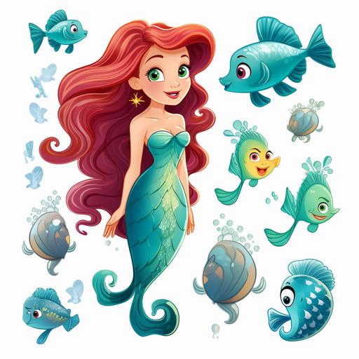 pixar Cartoon style mermaid cliparts , for making invites, sticker sheet ar69:62 --v 5.2