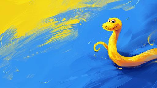 pixar animated python snake on right side, coding education website for learner, banner, slightly little yellow and blue tones, Brush Stroke Oil Paintings, blue background --ar 16:9 --v 6.0 --style raw --stylize 80