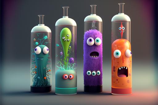 pixar cartoon bacteria ghosts and ghouls, glass test tubes and rockets --ar 3:2 --v 4