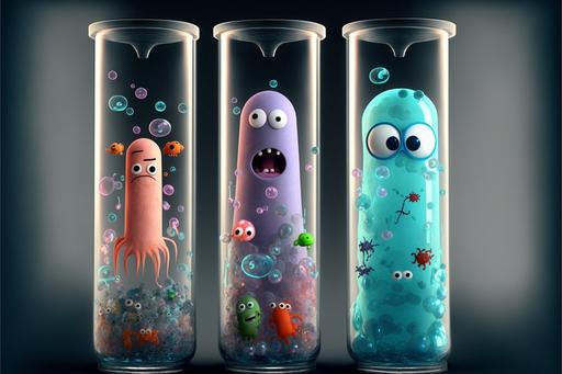 pixar cartoon bacteria ghosts and ghouls, glass test tubes and rockets --ar 3:2 --v 4