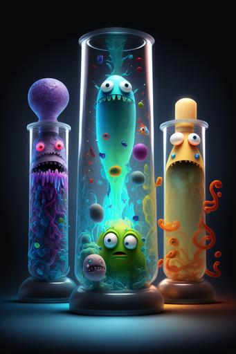 pixar cartoon bacteria ghosts and ghouls, glass test tubes and rockets --ar 2:3 --v 4