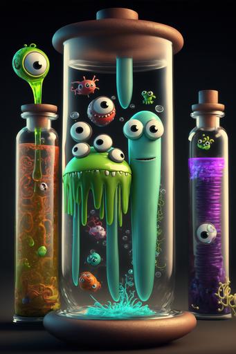 pixar cartoon bacteria ghosts and ghouls, glass test tubes and rockets --ar 2:3 --v 4