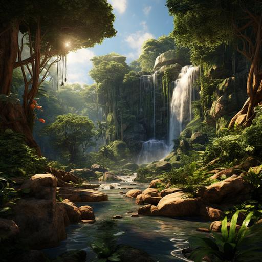 pixar, cartoon, realistic, waterfall, jungle, australie v4 --v 5.2