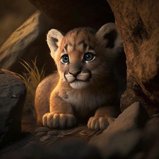 pixar cute mountain lion cub cinematic lighting, ultraHD uplighting 5:3 --v 4 --s 250