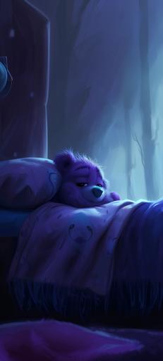 pixar like illustration. cute purple animal eagle in the bed, pixar cartoon, crying, head under the covers, little cute animal eagle. cartoon. sad tone. crying cute animal eage. --ar 9:20 --v 6.0