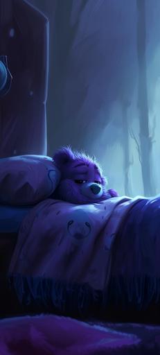 pixar like illustration. cute purple animal eagle in the bed, pixar cartoon, crying, head under the covers, little cute animal eagle. cartoon. sad tone. crying cute animal eage. --ar 9:20 --v 6.0