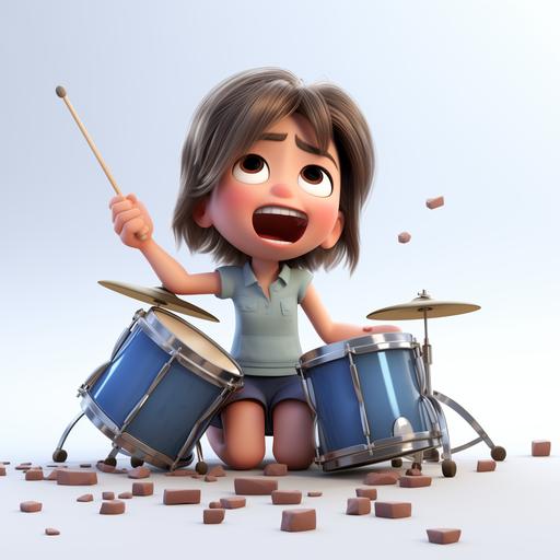 pixar little girl crying, broken drums everywhere, plain white background, lighthearted, 3d render