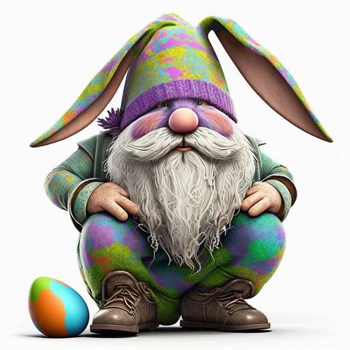 pixar style adorable happy spring easter bunny gnome sticker wearing a wrinkled slouchy hat with long floppy bunny ears, beard, round nose, realistic hands and feet, bright decorated easter eggs, white background, 8k, vibrant, creative realism