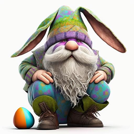pixar style adorable happy spring easter bunny gnome sticker wearing a wrinkled slouchy hat with long floppy bunny ears, beard, round nose, realistic hands and feet, bright decorated easter eggs, white background, 8k, vibrant, creative realism